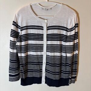 LOFT Striped Button Front Cardigan Sweater Size Large‎ White Navy